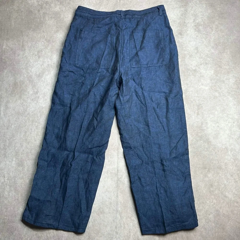 Zara Women XL Blue Linen Wide Leg High Rise Cropped Trousers Pants